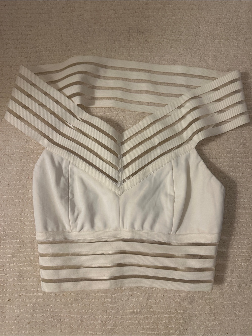 Shakuhachi off White Striped Mesh Off-Shoulder Crop Top